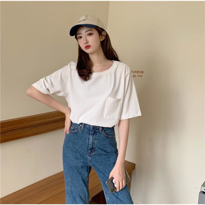 港風純棉寬鬆圓領開叉遮臀中長版短袖T恤