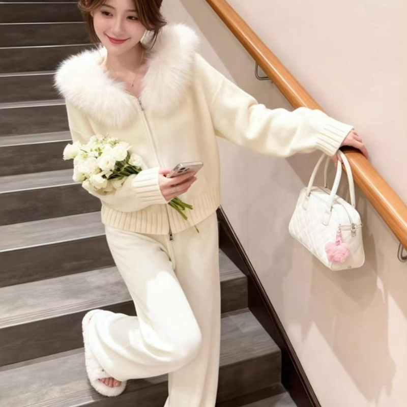 【單件/套裝】寬鬆慵懶風毛領連帽拉鏈開衫+百搭顯瘦闊腿褲兩件套裝