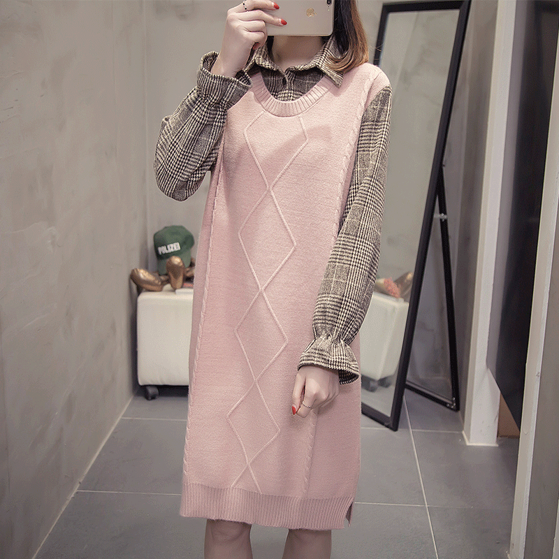 韓版氣質假兩件襯衫領針織拼接中長款連身裙-HaloBless