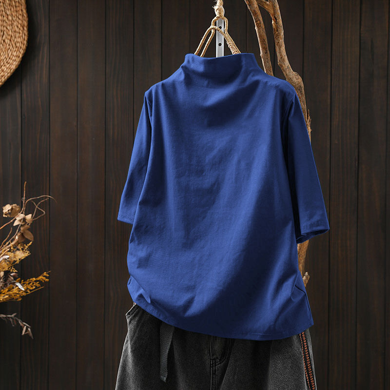 純棉半高領寬鬆顯瘦百搭素色五分袖T恤-HaloBless