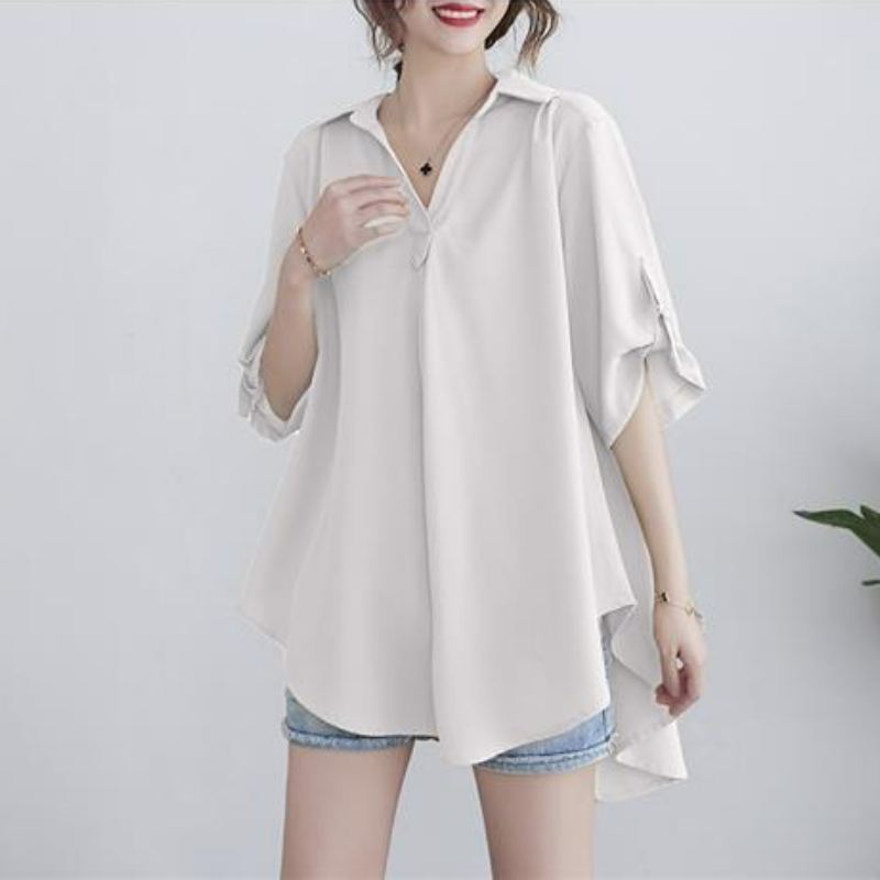 中長款大碼寬鬆收腰顯瘦短袖雪紡衫-HaloBless