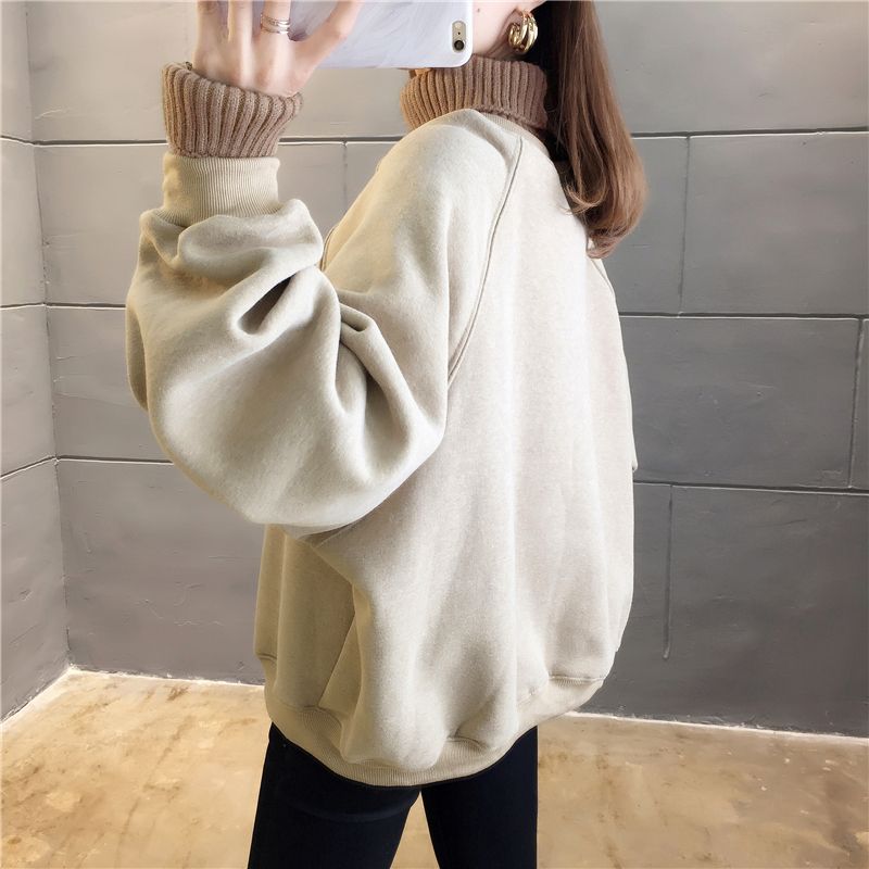 Ins寬鬆韓版拼接高領加絨厚衛衣-HaloBless