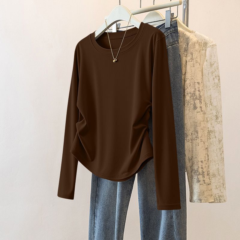 設計感褶皺收腰百搭修身圓領打底長袖T恤-HaloBless