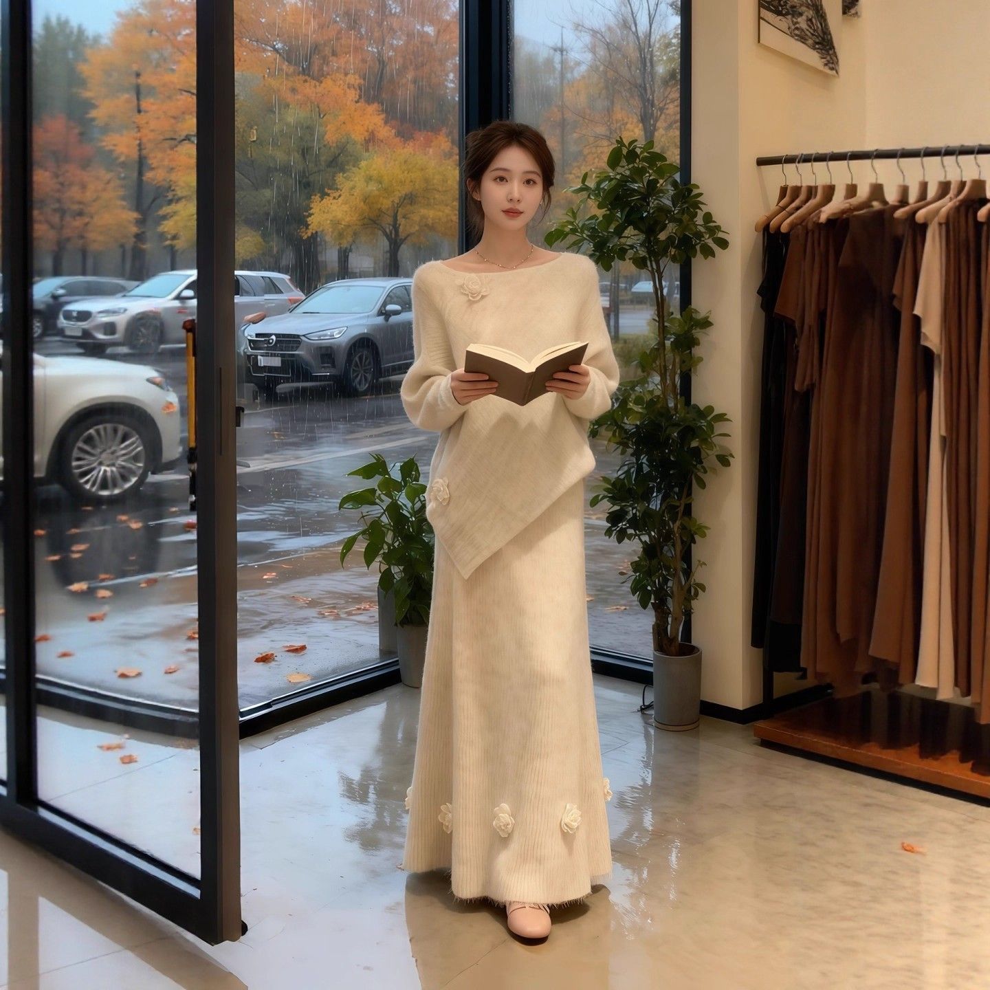 【整套】不規則花朵小香風千金禦姐毛衫+氣質連衣裙兩件套