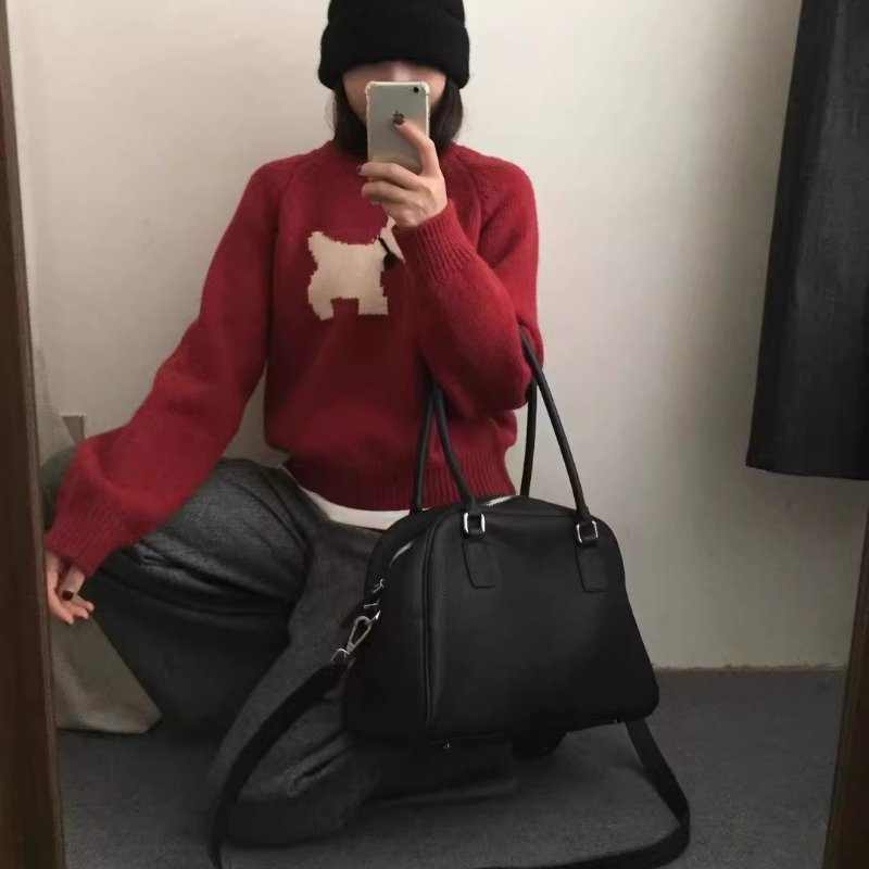 韓系寬鬆短版軟糯圓領狗狗提花針織毛衣