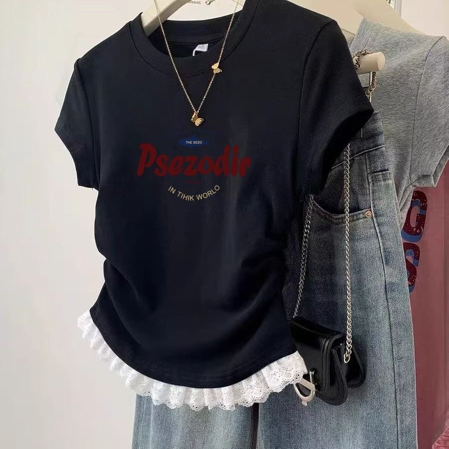 美式短款正肩蕾絲設計感褶皺收腰短袖t恤-HaloBless