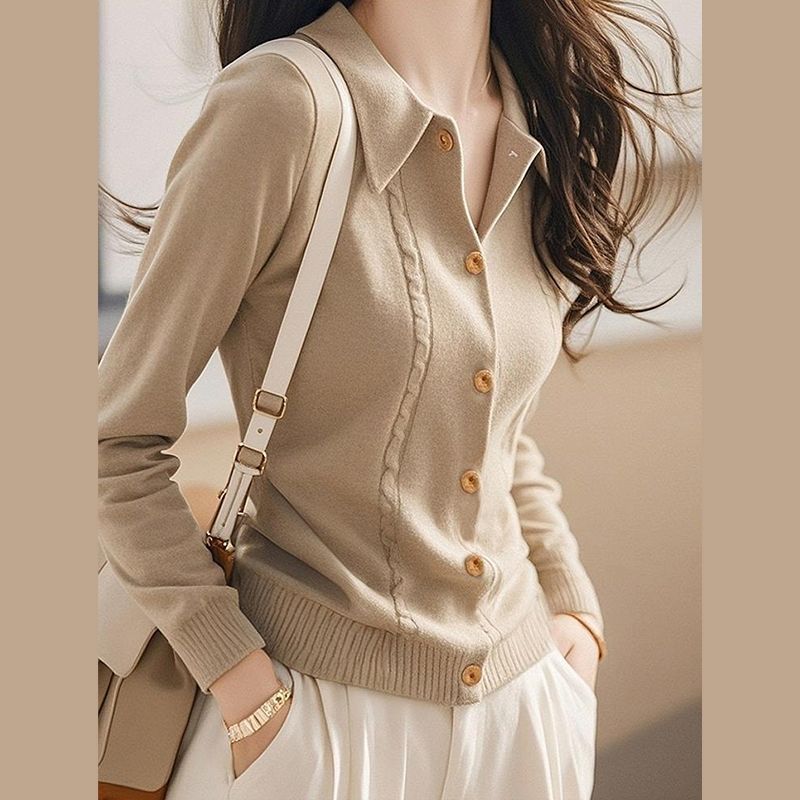 法式氣質百搭翻領顯瘦針織開衫