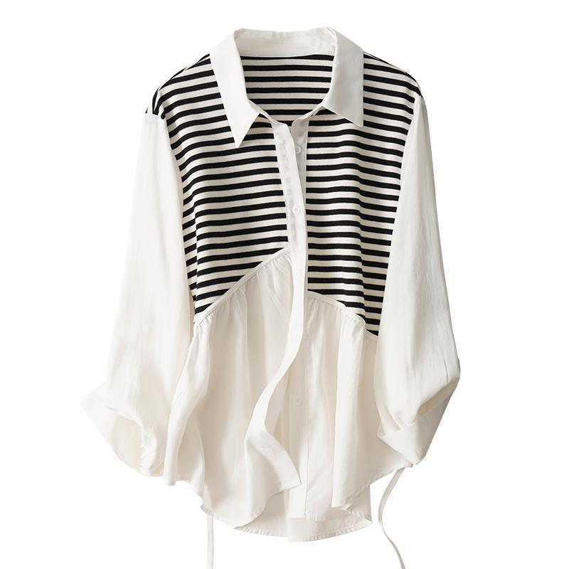 寬鬆針織拼接休閒中長版長袖襯衫