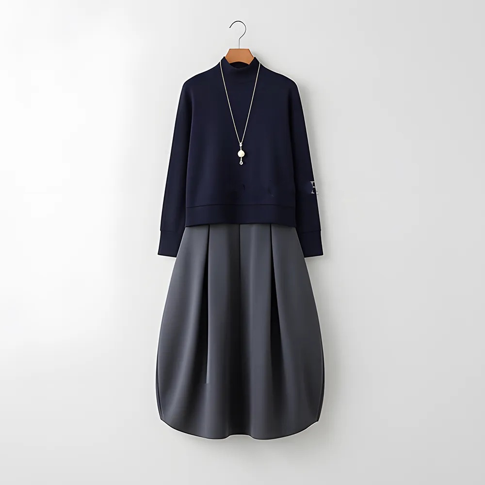 日韓休閑圓領長袖潮流拼色假兩件洋裝