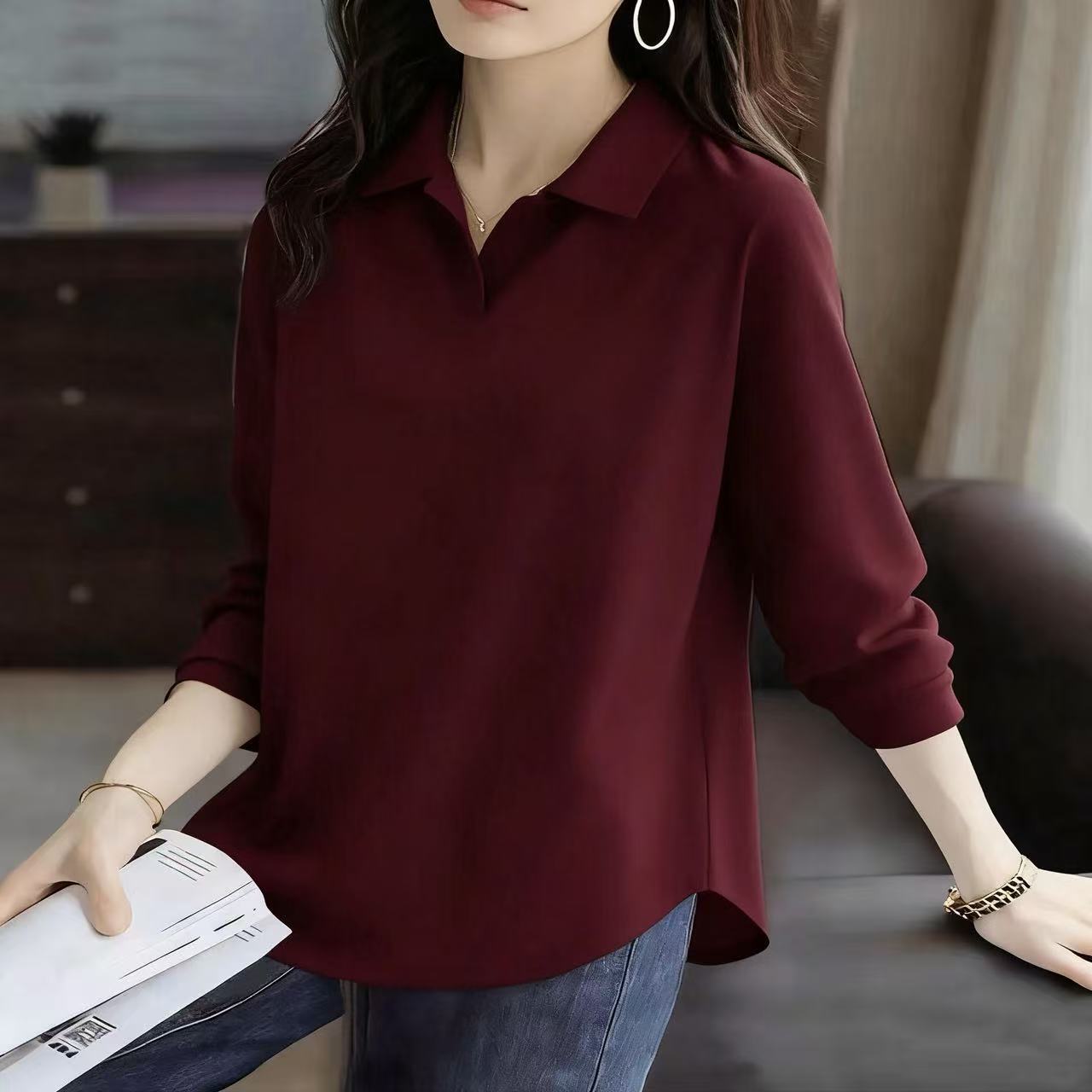 圓弧形下擺薄款Polo領百搭棉質長袖T恤