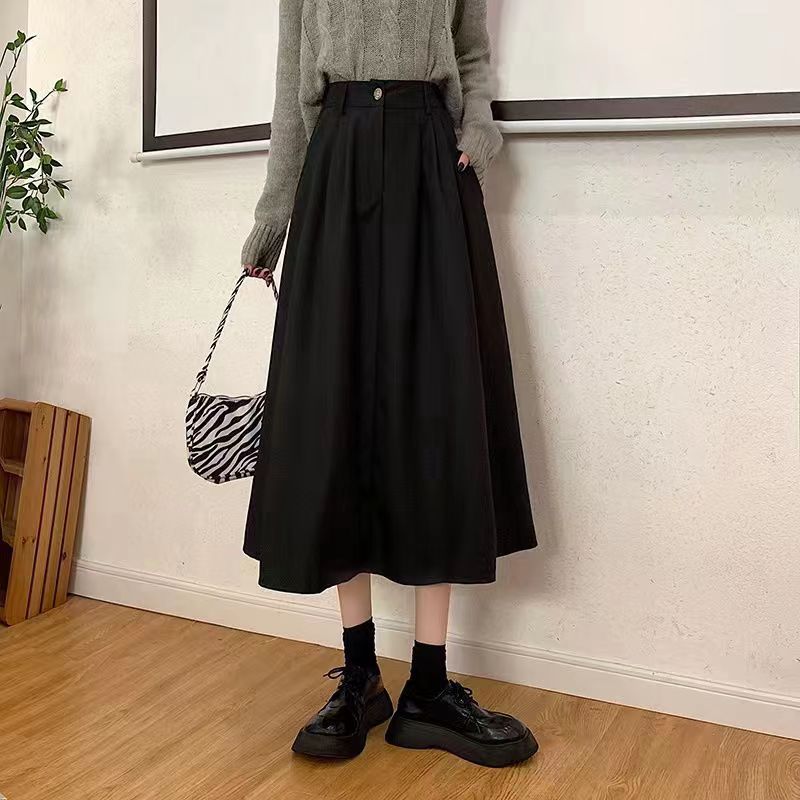 傘裙口袋褶皺高腰a字中長裙寬鬆半身裙-HaloBless