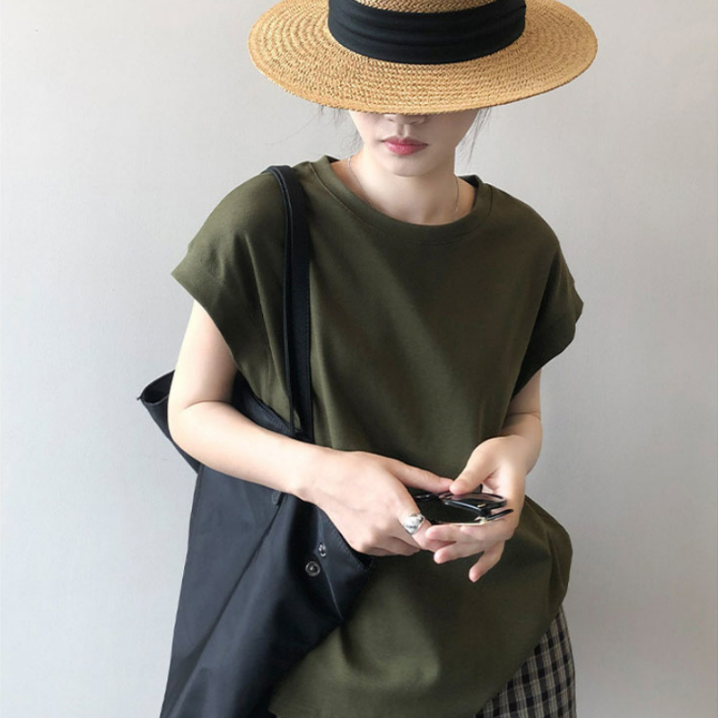 純棉落肩袖高級感寬鬆減齡洋氣短袖t恤-HaloBless