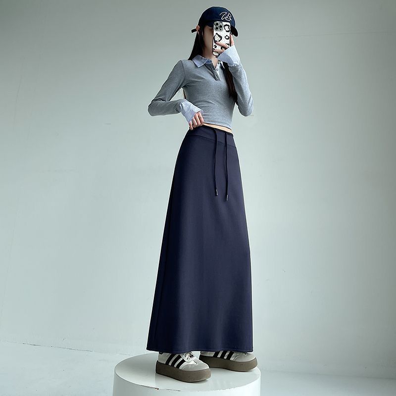 高腰直筒開叉a字垂墜感運動風半身裙