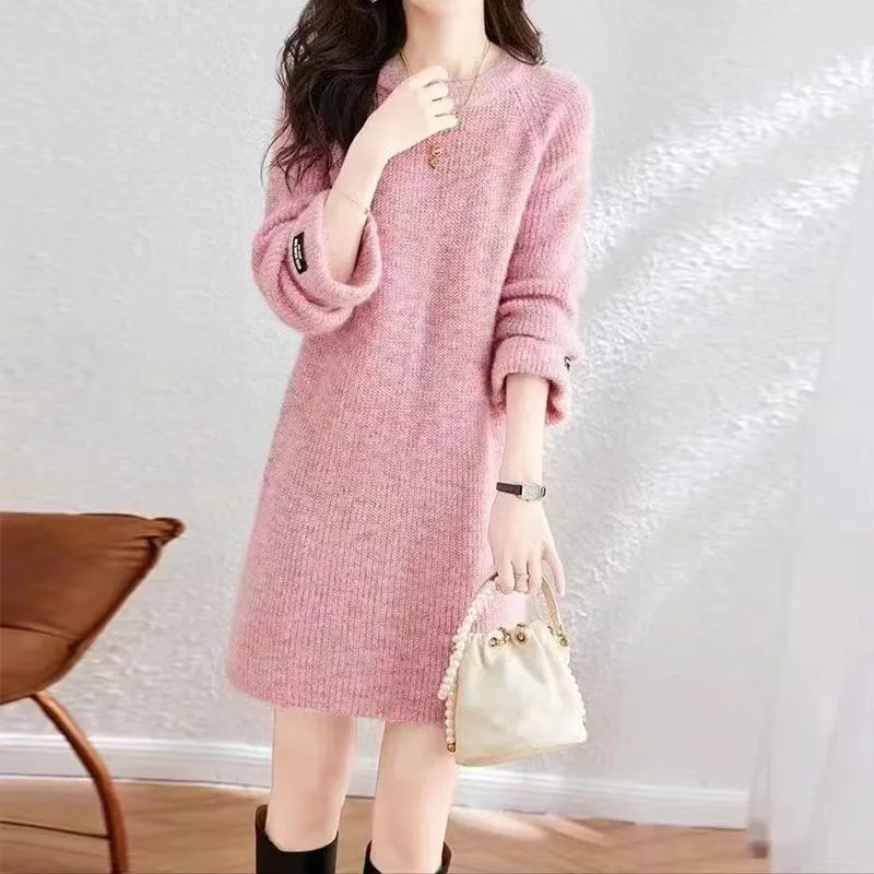 慵懶風寬鬆系帶中長版針織毛衣洋裝