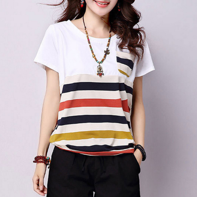 韓版休閒百搭拼接寬鬆條紋短袖