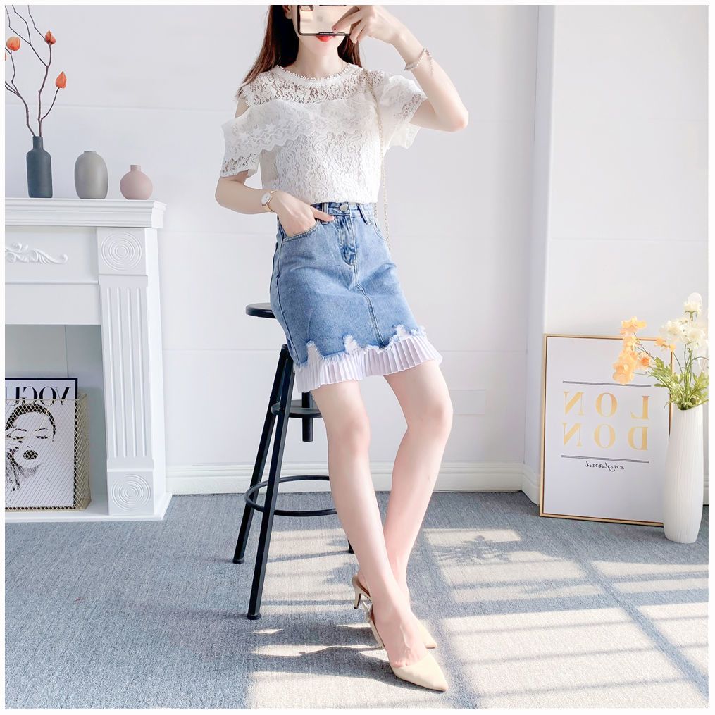 【單件/套裝】氣質溫柔風蕾絲拼接短袖+時尚牛仔半身裙兩件套裝