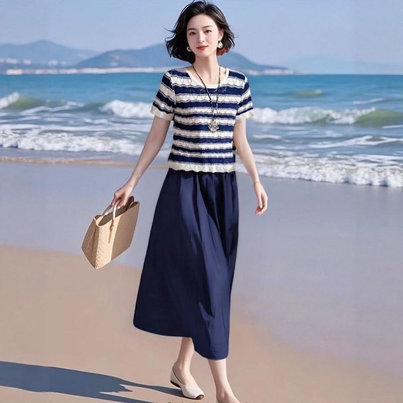 【單件/套裝】多巴胺洋氣條紋薄款針織衫+時尚半身裙兩件套裝