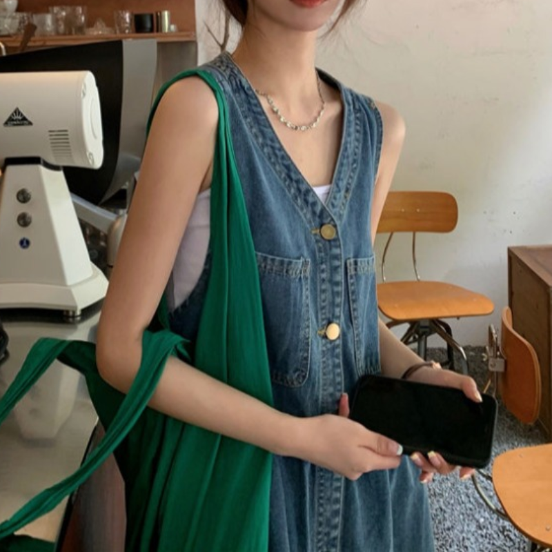 韓版寬鬆小個子休閒無袖牛仔連身裙-HaloBless