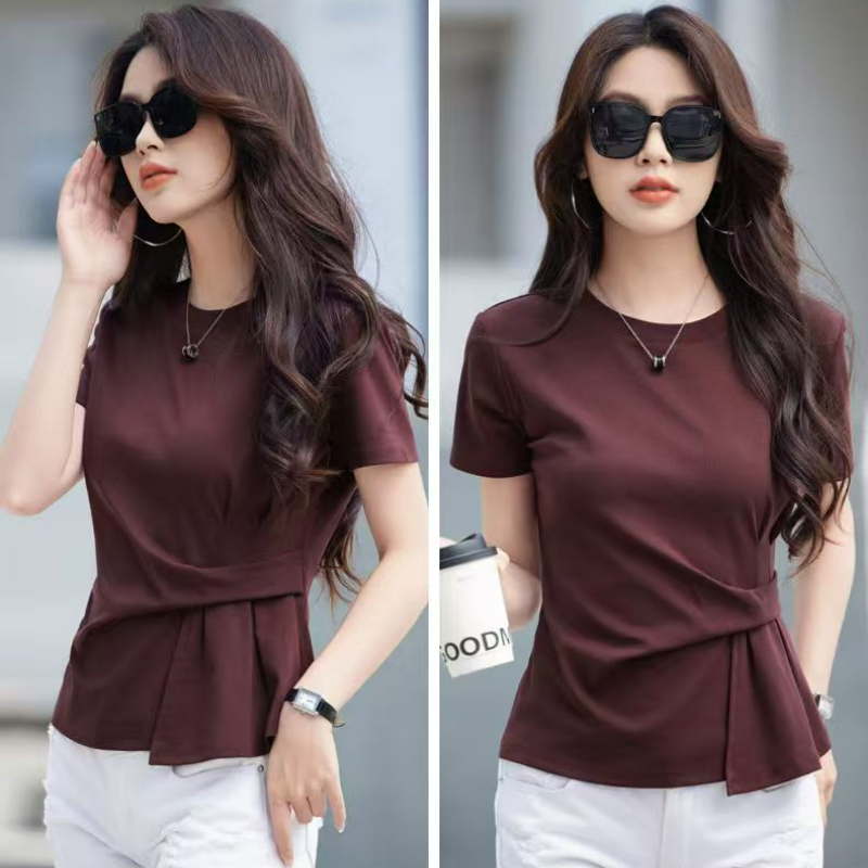 不規則設計純棉顯瘦褶皺收腰寬鬆短袖-HaloBless