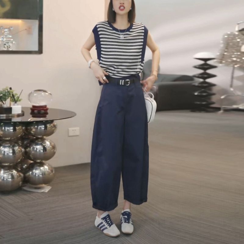 【單件/套裝】寬松顯瘦減齡無袖針織衫+闊腿休閑褲兩件套