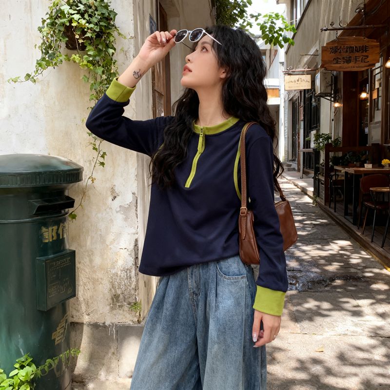 撞色遮肉小眾寬鬆半拉鏈顯瘦百搭長袖T恤