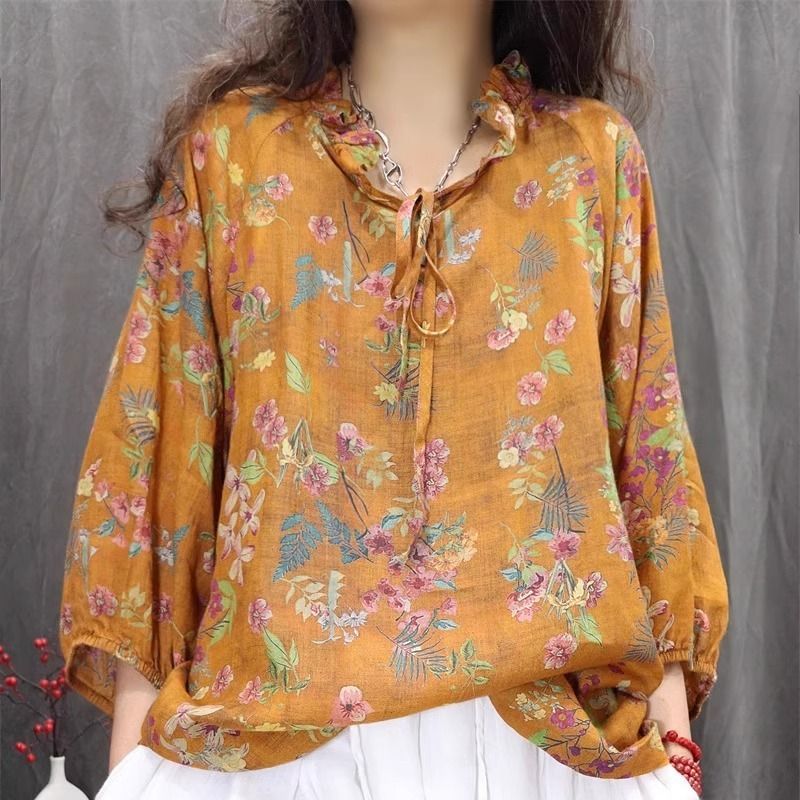 復古文藝洋氣印花時尚顯瘦百搭襯衫-HaloBless