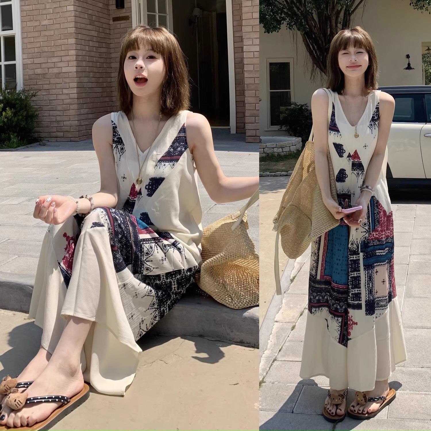 海島風V領無袖復古印花休閒闊腿背帶連體褲-HaloBless