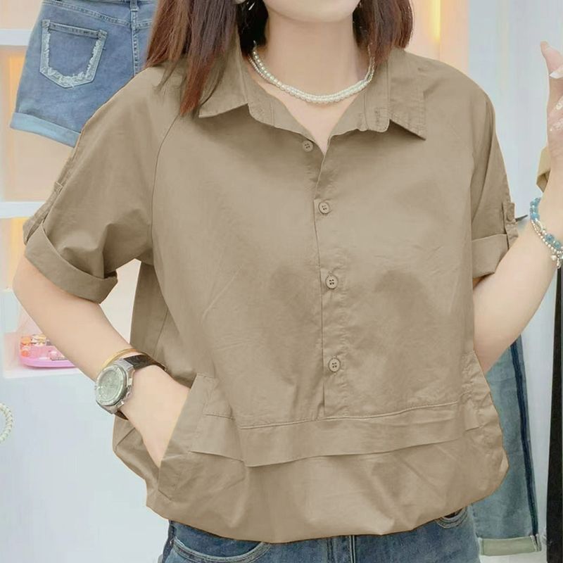 寬鬆洋氣大碼薄款設計感小眾短袖襯衫-HaloBless