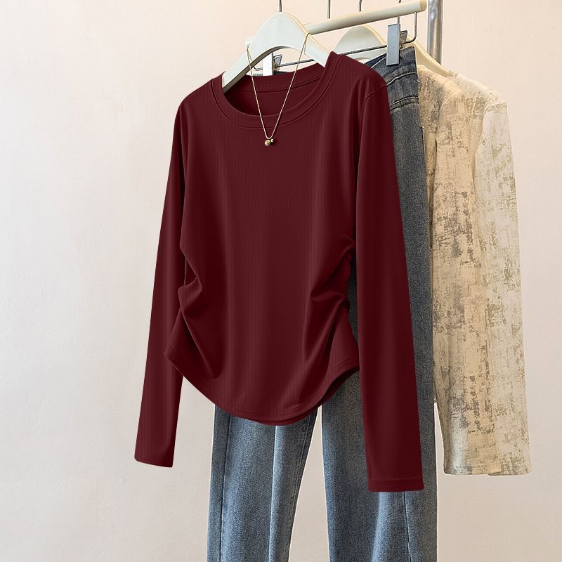 設計感褶皺收腰百搭修身圓領打底長袖T恤-HaloBless