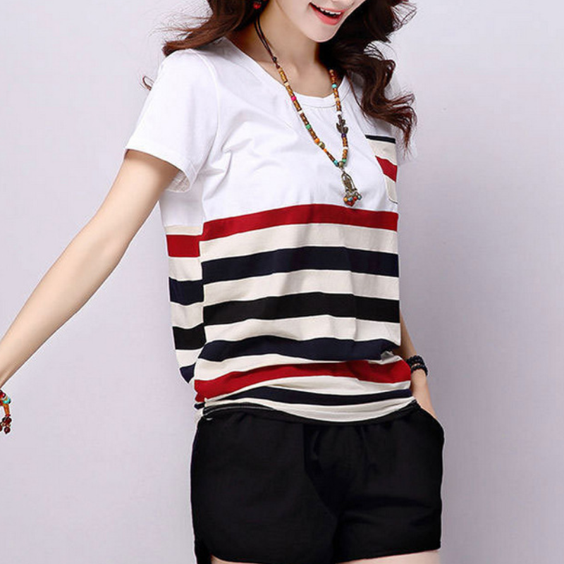 韓版休閒百搭拼接寬鬆條紋短袖