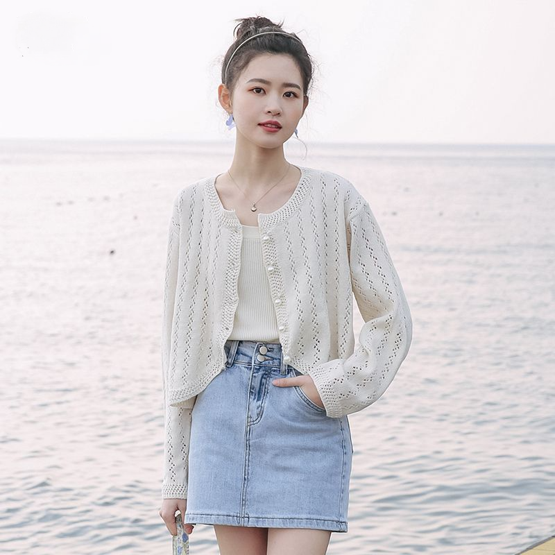 溫柔休閒百搭薄款鏤空針織開衫