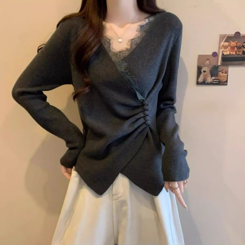 大碼德絨蕾絲拼接V領不規則交叉長袖T恤