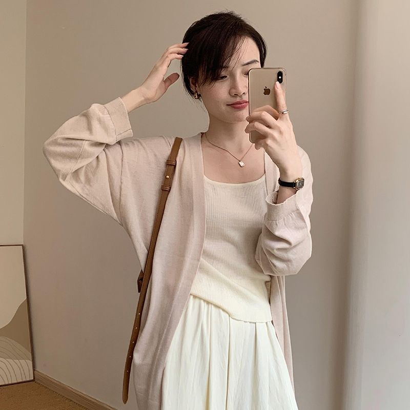 時尚百搭中長薄款顯瘦寬鬆針織防曬開衫