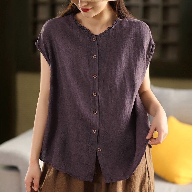 5色重工棉麻木耳領復古單排扣百搭無袖襯衫