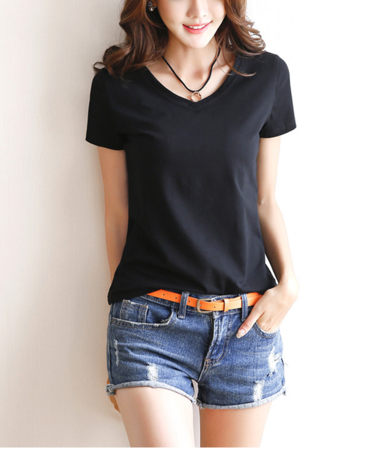 韓版修身棉v領百搭短袖-HaloBless