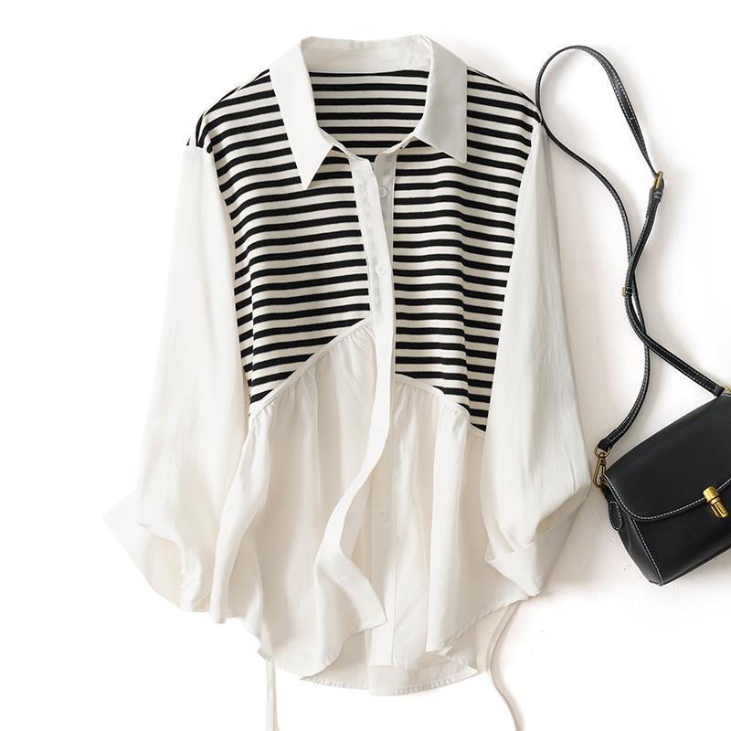 寬鬆針織拼接休閒中長版長袖襯衫