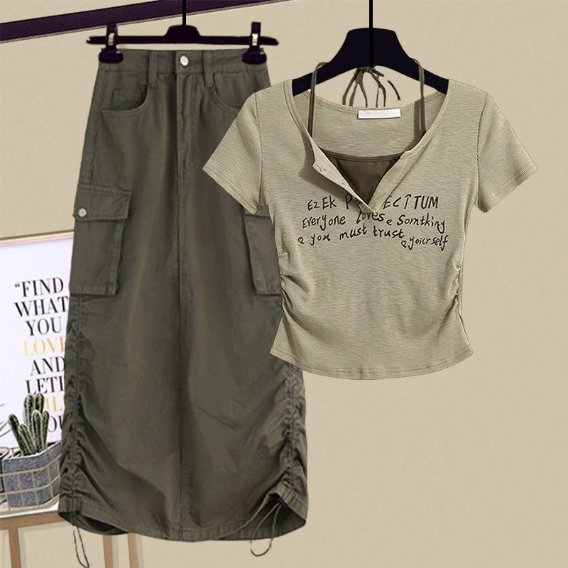 【單件/套裝】掛脖式假兩件短袖顯瘦工裝裙兩件套裝-HaloBless