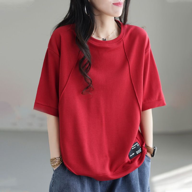 文藝純棉寬鬆復古圓領拼接短袖T恤-HaloBless