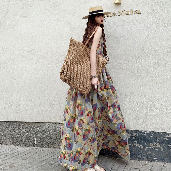 長款及踝油畫風復古印花減齡A字甜美洋裝-HaloBless