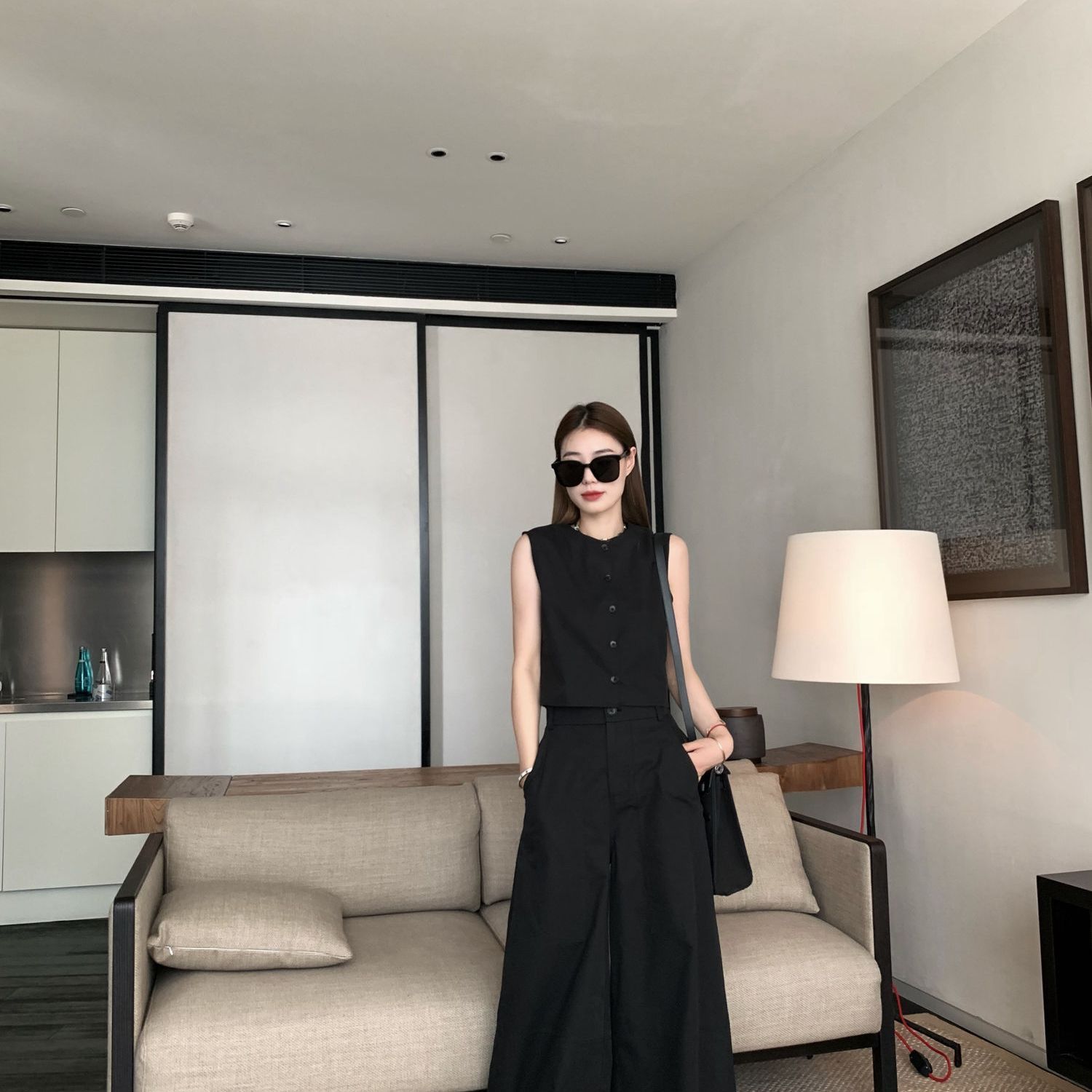 【單件/套裝】極簡設計兩穿無袖背心+寬鬆闊腿褲兩件套裝-HaloBless