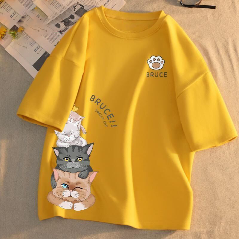 百搭情侶款可愛潮流貓咪印花短袖T恤-HaloBless