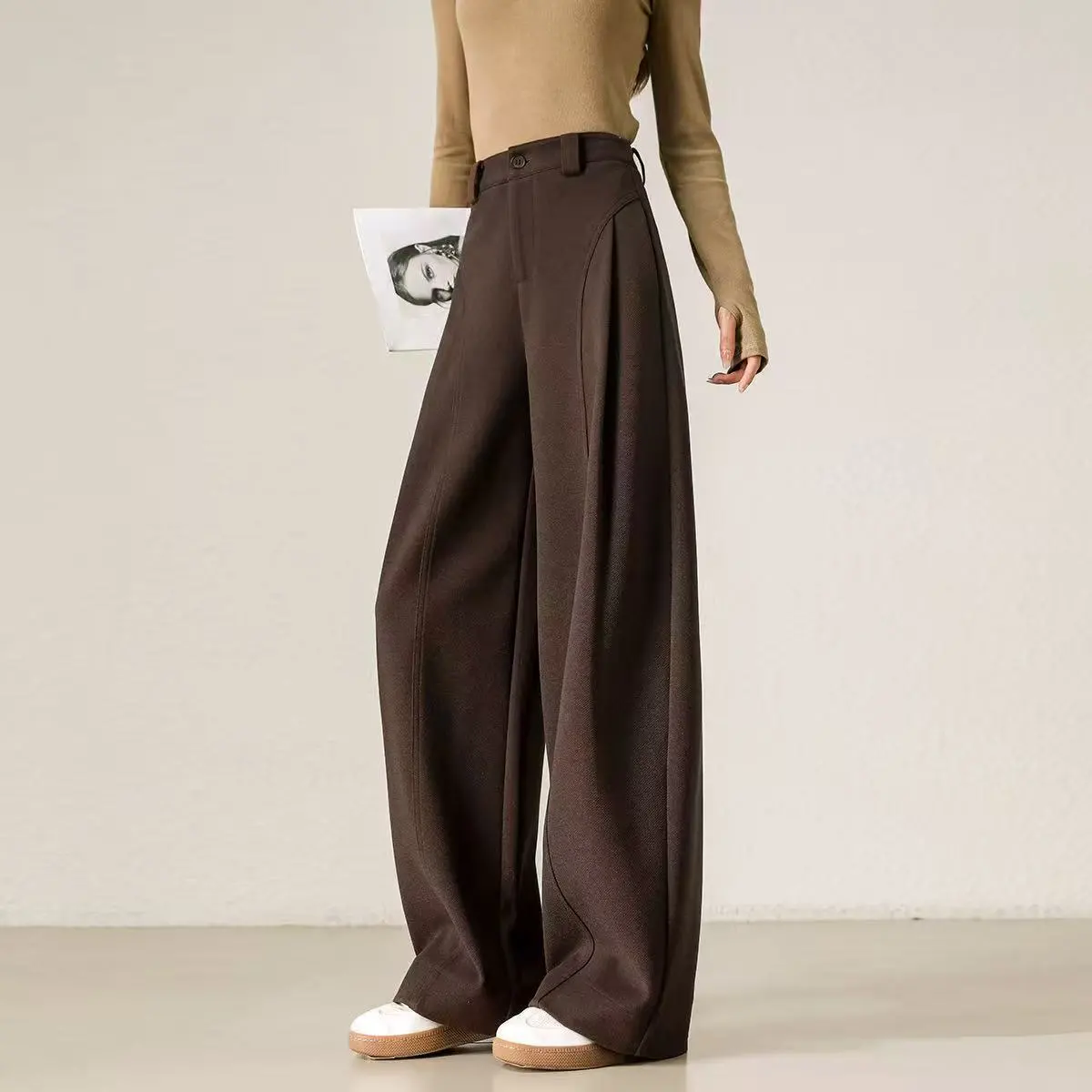 糯感寬鬆加厚款呢子直筒顯瘦休閒闊腿褲