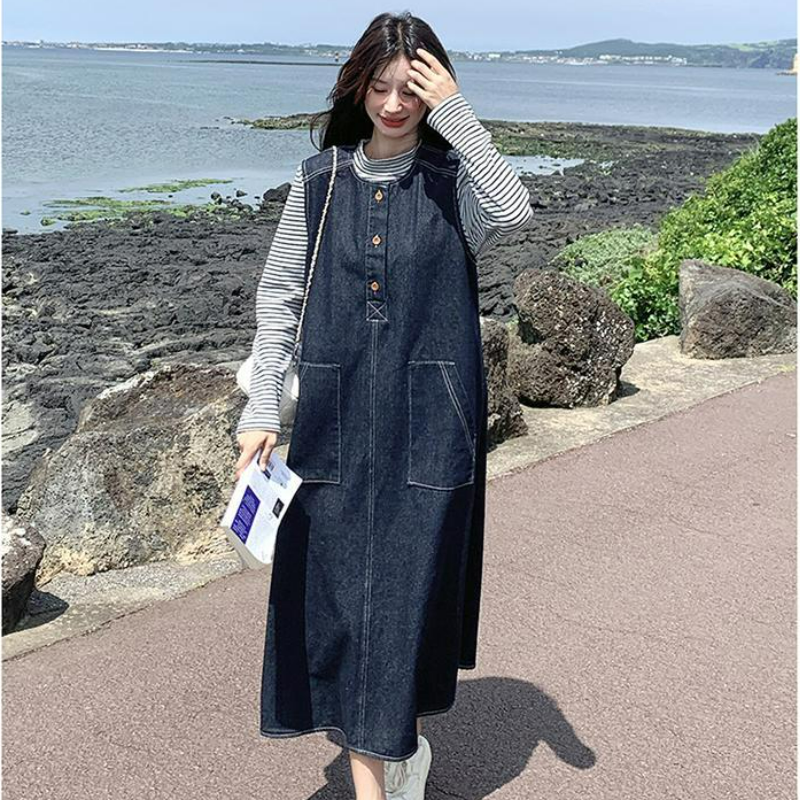 【單件/套裝】韓系條紋顯瘦上衣+復古牛仔背心洋裝兩件套-HaloBless