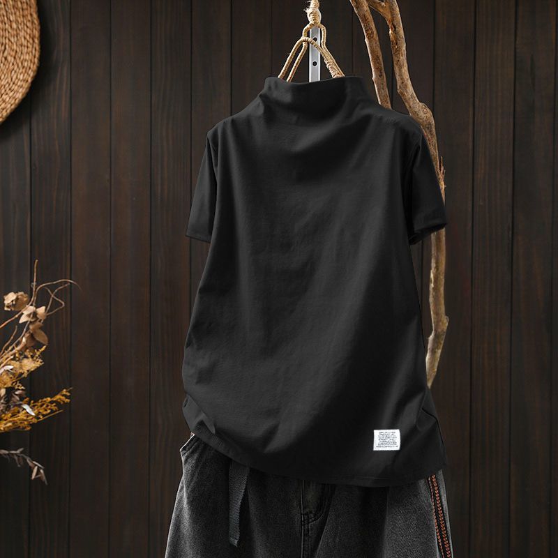 顯瘦印花純棉百搭休閒半高領短袖T恤-HaloBless