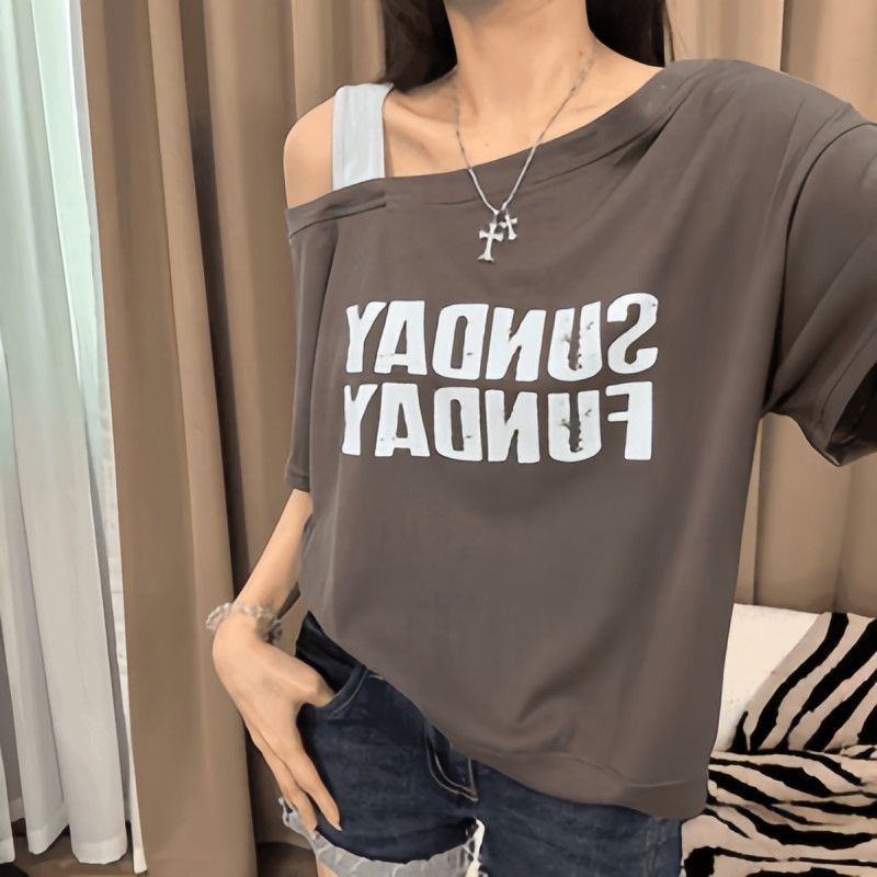 韓版時尚寬鬆顯瘦斜肩吊帶撞色字母短袖T桖-HaloBless