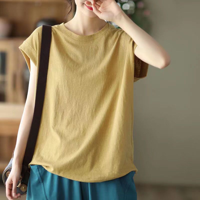 文藝純棉顯瘦圓領休閒純色T恤-HaloBless