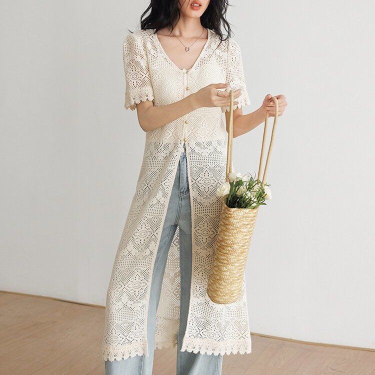 防曬衣長版短袖鏤空設計感法式針織開衫