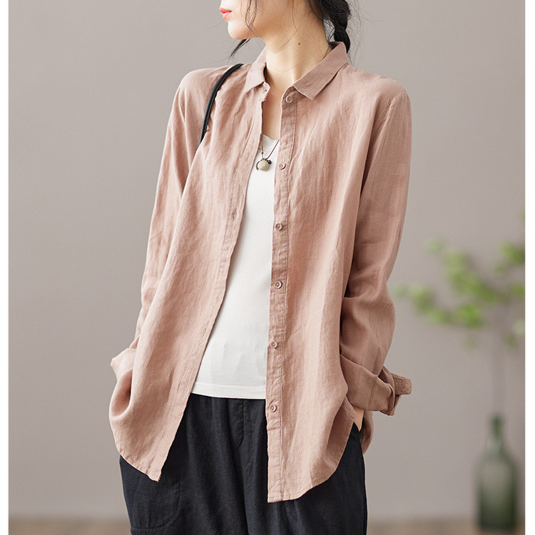 文藝復古亞麻翻領氣質長袖襯衫-HaloBless
