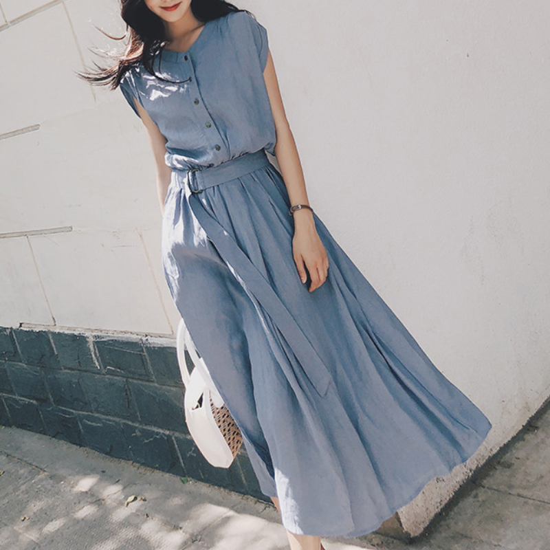 韓版優雅氣質小眾過膝收腰雪紡連身裙-HaloBless