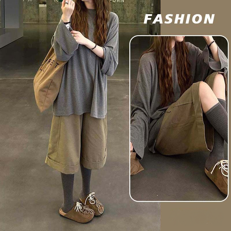 【單品/套裝】慵懶風寬鬆百搭長袖T恤高腰休閒褲兩件套裝-HaloBless